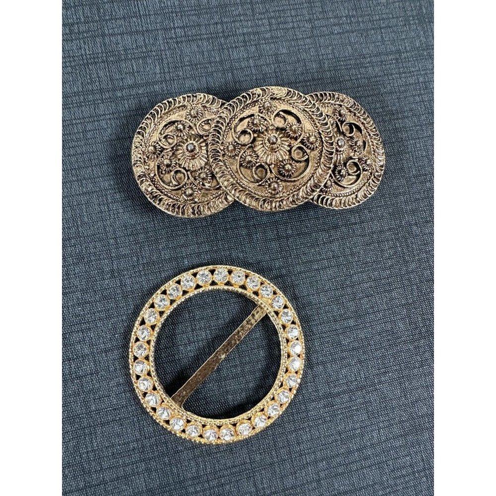 Lot of 2 Vintage Belt Buckles Rhinestones Boho Gold Tone‎ Chunky Statement